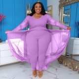 Plus Size Women Pocket Long Sleeve Patchwork Stretchy Jumpsuit