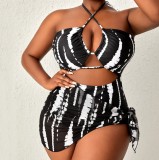 Plus Size Women Printed Backless Halter Neck One-Piece Swimsuit Two-Piece Set