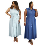 Plus Size Women Elegant Sleeveless Waist-cinching Shirt Dress