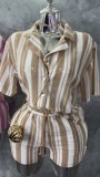 Women Spring/Summer African Short-Sleeve Striped Top and Shorts Two-Piece Set