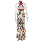 Women Leopard Print Patchwork Halter Neck Sleeveless Bodycon Dress