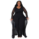 Plus Size Women Pocket Long Sleeve Patchwork Stretchy Jumpsuit