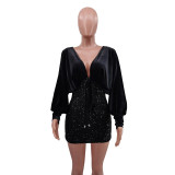 Women Sexy Sequin Patchwork V-Neck Bat Sleeves Bodycon Dress