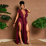 Plus Size Women Summer Sexy Ruffle Wide-Leg Slit Jumpsuit