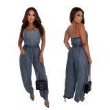 Women Strapless Off Shoulder Denim Wide-Leg Jumpsuit
