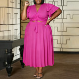 Plus Size Women Ruffle Sleeve Drawstring Pocket V-Neck Top and Skirt Two-Piece Set