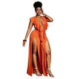 Plus Size Women Summer Sexy Ruffle Wide-Leg Slit Jumpsuit
