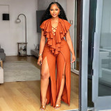 Plus Size Women Summer Sexy Ruffle Wide-Leg Slit Jumpsuit