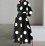 Plus Size Women Printed Casual Polka Dot Polo Neck Long-Sleeve Dress