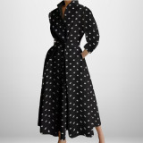 Plus Size Women Printed Casual Polka Dot Polo Neck Long-Sleeve Dress