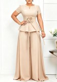 Plus Size Women Summer Elegant Short-Sleeve Ruffle Top and Wide-Leg Pants Two-Piece Set