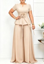 Plus Size Women Summer Elegant Short-Sleeve Ruffle Top and Wide-Leg Pants Two-Piece Set Plus Size Women Summer Elegant Short-Sleeve Ruffle Top and Wide-Leg Pants Two-Piece Set