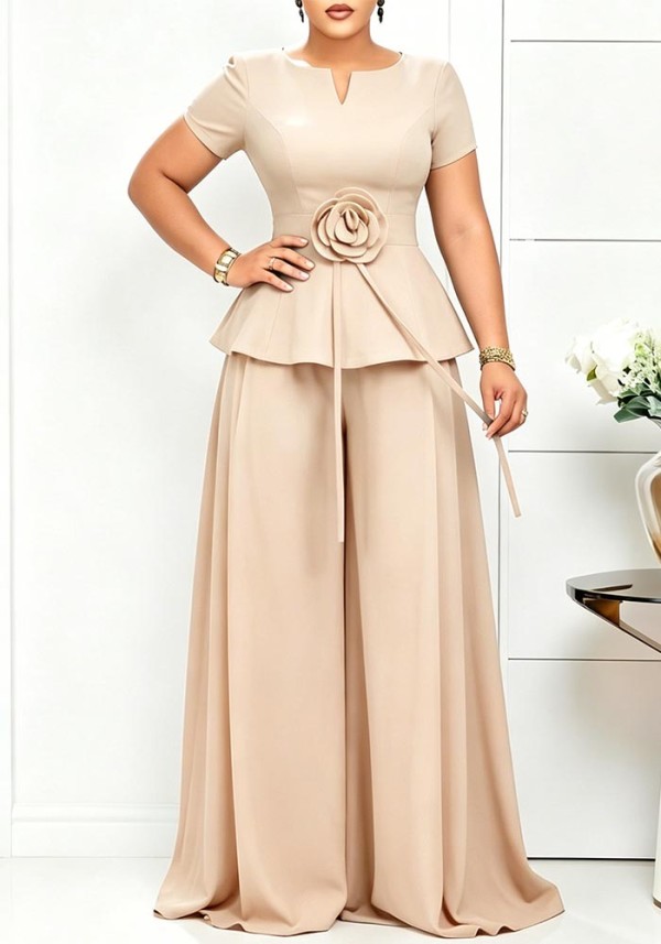 Plus Size Women Summer Elegant Short-Sleeve Ruffle Top and Wide-Leg Pants Two-Piece Set