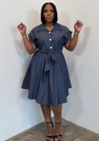 Women Summer Casual Short Sleeve Belt Denim Dress