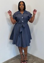 Women Summer Casual Short Sleeve Belt Denim Dress Women Summer Casual Short Sleeve Belt Denim Dress