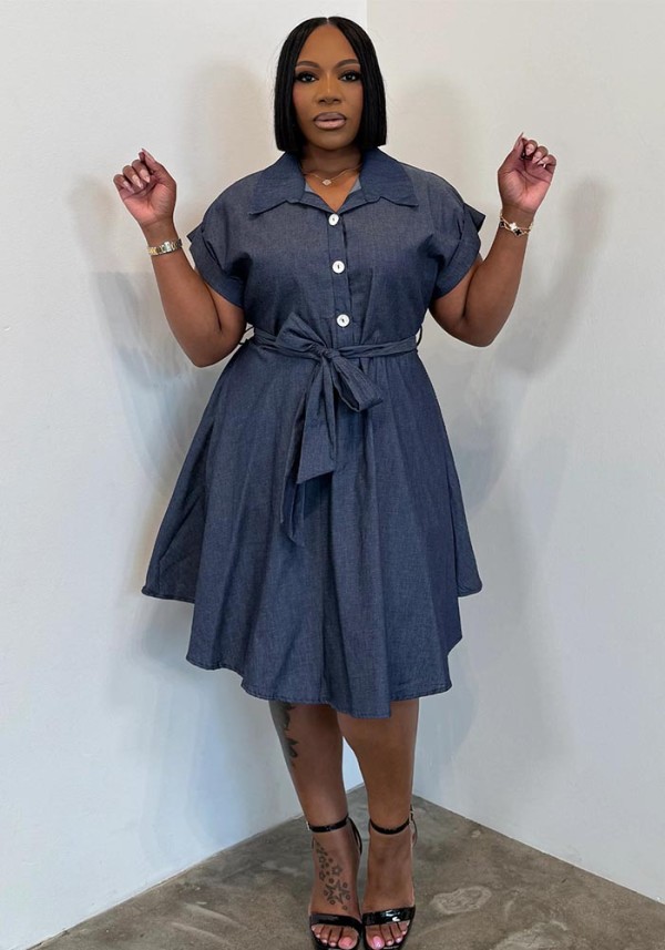 Women Summer Casual Short Sleeve Belt Denim Dress