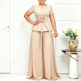 Plus Size Women Summer Elegant Short-Sleeve Ruffle Top and Wide-Leg Pants Two-Piece Set