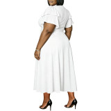 Plus Size Women Ruffle Sleeve Drawstring Pocket V-Neck Top and Skirt Two-Piece Set