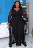 Plus Size Women Pocket Long Sleeve Patchwork Stretchy Jumpsuit