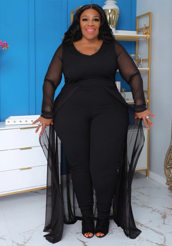 Plus Size Women Pocket Long Sleeve Patchwork Stretchy Jumpsuit