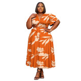 Plus Size Women Ruffle Sleeve Drawstring Pocket V-Neck Top and Skirt Two-Piece Set