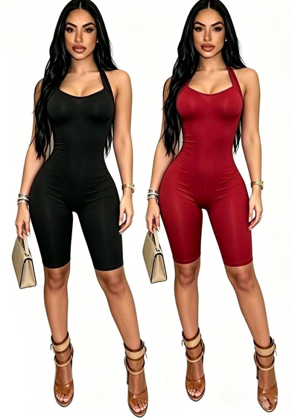 Women Halter Neck Stretch Sleeveless Knee-Length Jumpsuit