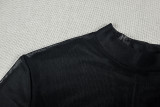 Women Sexy Bandeau Ruffled Mesh High Neck Long Sleeve Bodycon Dress