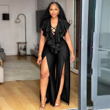 Plus Size Women Summer Sexy Ruffle Wide-Leg Slit Jumpsuit