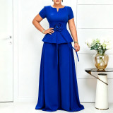Plus Size Women Summer Elegant Short-Sleeve Ruffle Top and Wide-Leg Pants Two-Piece Set