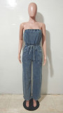 Women Strapless Off Shoulder Denim Wide-Leg Jumpsuit