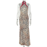 Women Leopard Print Patchwork Halter Neck Sleeveless Bodycon Dress