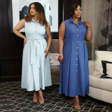 Plus Size Women Elegant Sleeveless Waist-cinching Shirt Dress