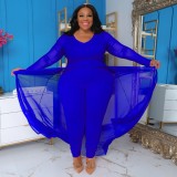 Plus Size Women Pocket Long Sleeve Patchwork Stretchy Jumpsuit