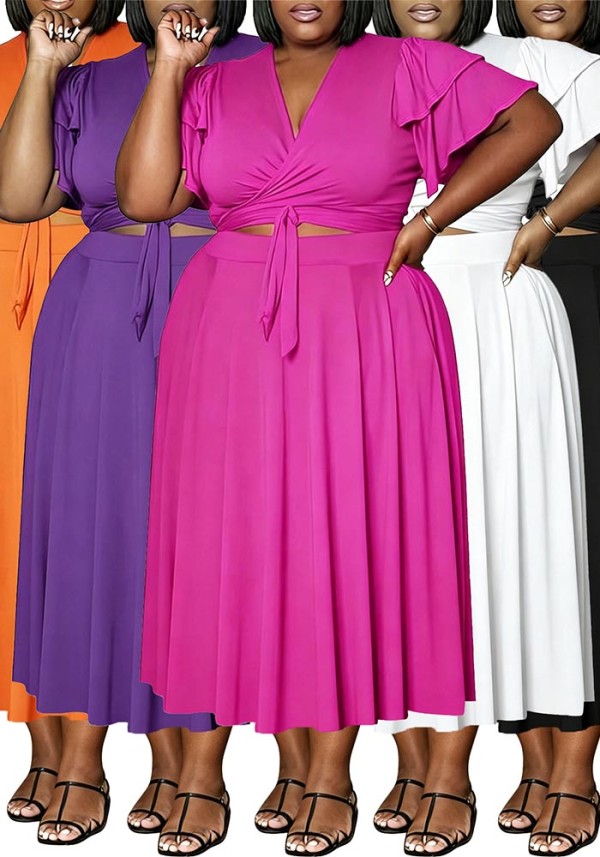 Plus Size Women Ruffle Sleeve Drawstring Pocket V-Neck Top and Skirt Two-Piece Set