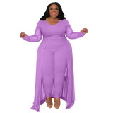 Plus Size Women Pocket Long Sleeve Patchwork Stretchy Jumpsuit