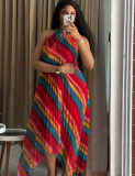 Women Pleated African Rainbow Striped Holidays Casual Sleeveless Dress