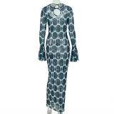 Women Printed Regular Sexy Hollow-Out Long Sleeve Bodycon Dress