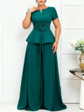 Plus Size Women Summer Elegant Short-Sleeve Ruffle Top and Wide-Leg Pants Two-Piece Set