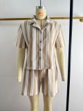 Women Spring/Summer African Short-Sleeve Striped Top and Shorts Two-Piece Set