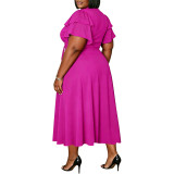 Plus Size Women Ruffle Sleeve Drawstring Pocket V-Neck Top and Skirt Two-Piece Set