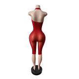 Women Halter Neck Stretch Sleeveless Knee-Length Jumpsuit