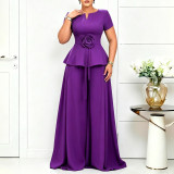 Plus Size Women Summer Elegant Short-Sleeve Ruffle Top and Wide-Leg Pants Two-Piece Set