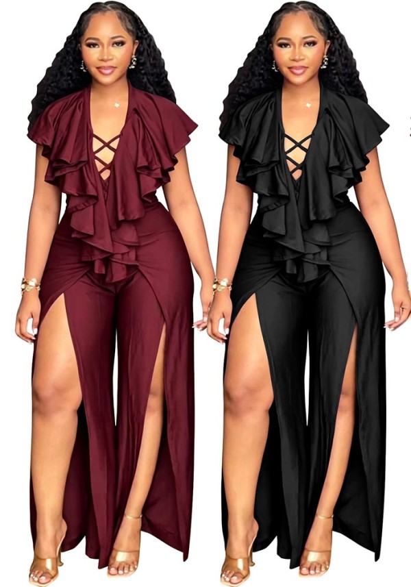 Plus Size Women Summer Sexy Ruffle Wide-Leg Slit Jumpsuit