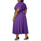 Plus Size Women Ruffle Sleeve Drawstring Pocket V-Neck Top and Skirt Two-Piece Set