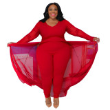 Plus Size Women Pocket Long Sleeve Patchwork Stretchy Jumpsuit