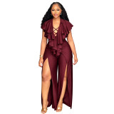 Plus Size Women Summer Sexy Ruffle Wide-Leg Slit Jumpsuit