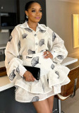 Women Summer African Elegance Lantern Sleeve Ruffle Shirt and Skirt Two-Piece Set