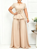 Plus Size Women Summer Elegant Short-Sleeve Ruffle Top and Wide-Leg Pants Two-Piece Set