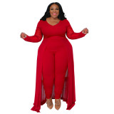 Plus Size Women Pocket Long Sleeve Patchwork Stretchy Jumpsuit