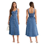 Women Sexy Sleeveless Backless Button Denim Dress